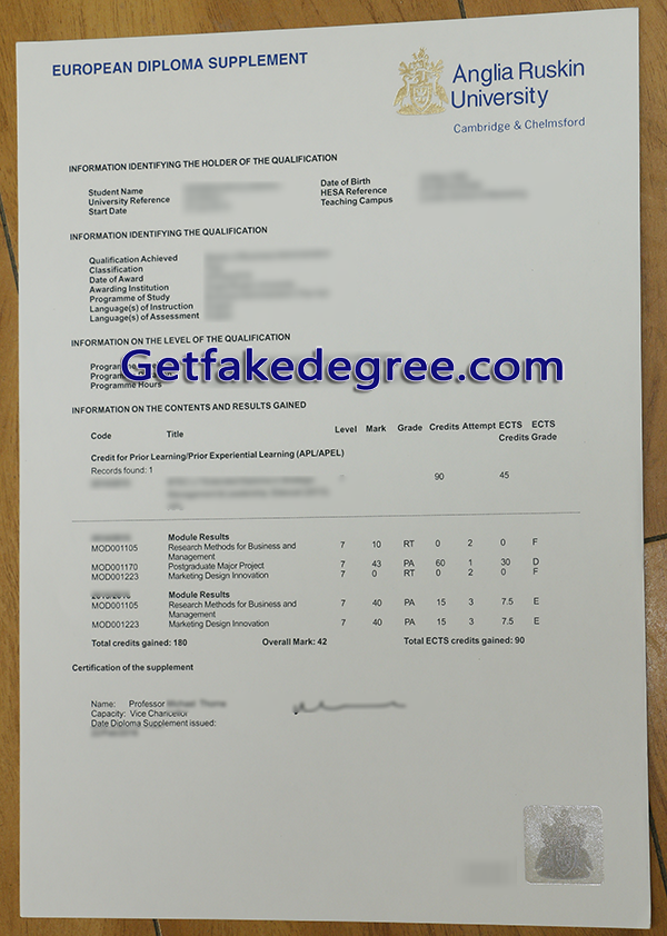 Anglia Ruskin University transcript, ARU fake transcript