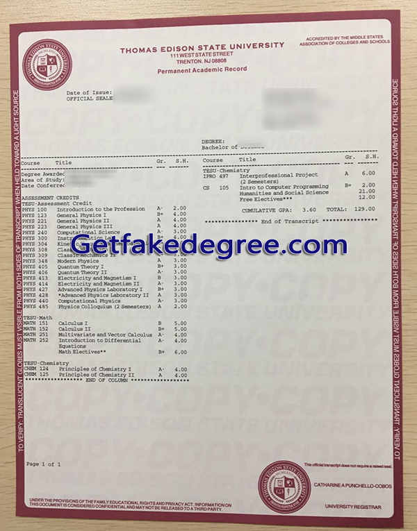 Thomas Edison State University transcript