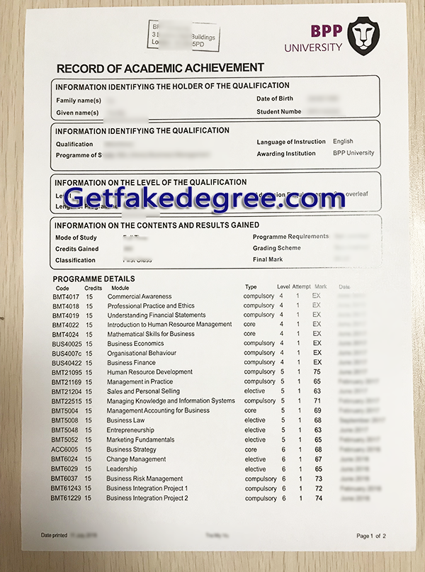 BPP University transcript, BPP University fake transcript