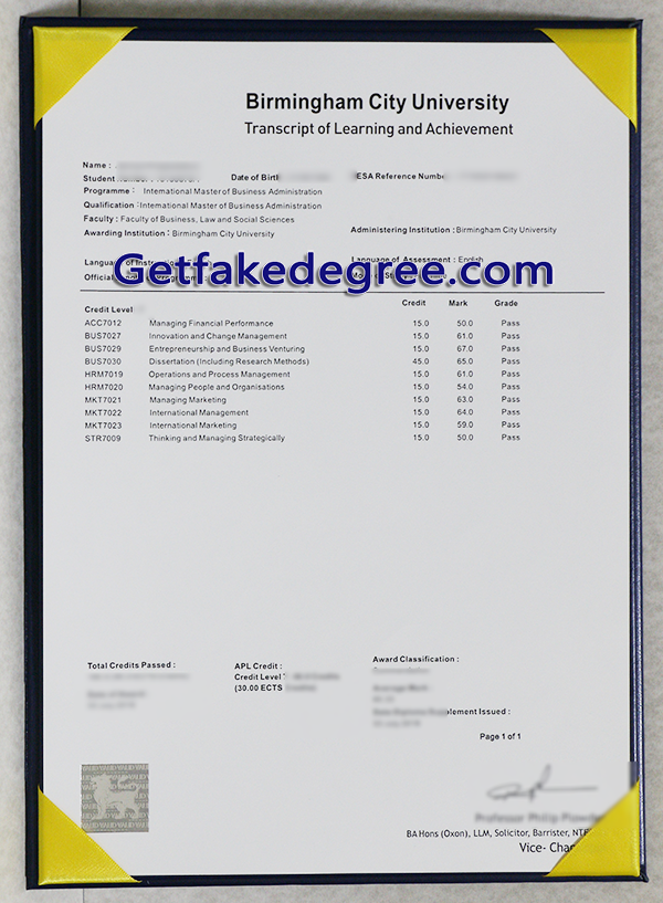 Birmingham City University transcript, BCU fake transcript