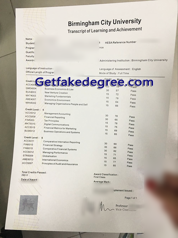 Birmingham City University transcript, BCU fake transcript