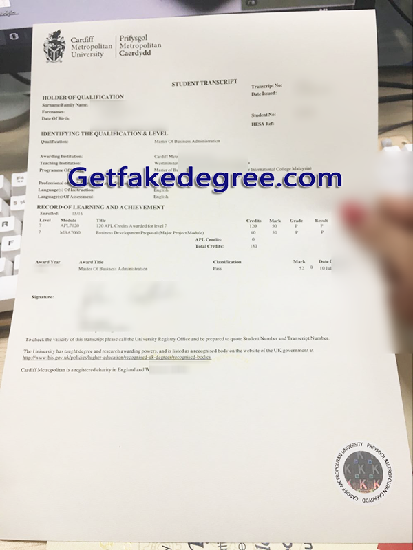 Cardiff Metropolitan University transcript, Cardiff Metropolitan University fake transcript