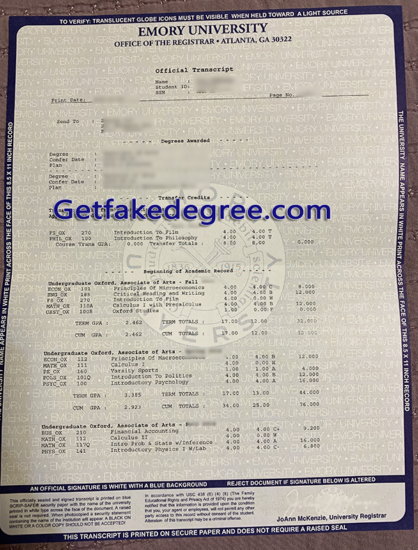 Emory University transcript, Emory University fake transcript