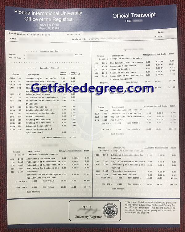 Florida International University transcript, FIU fake transcript