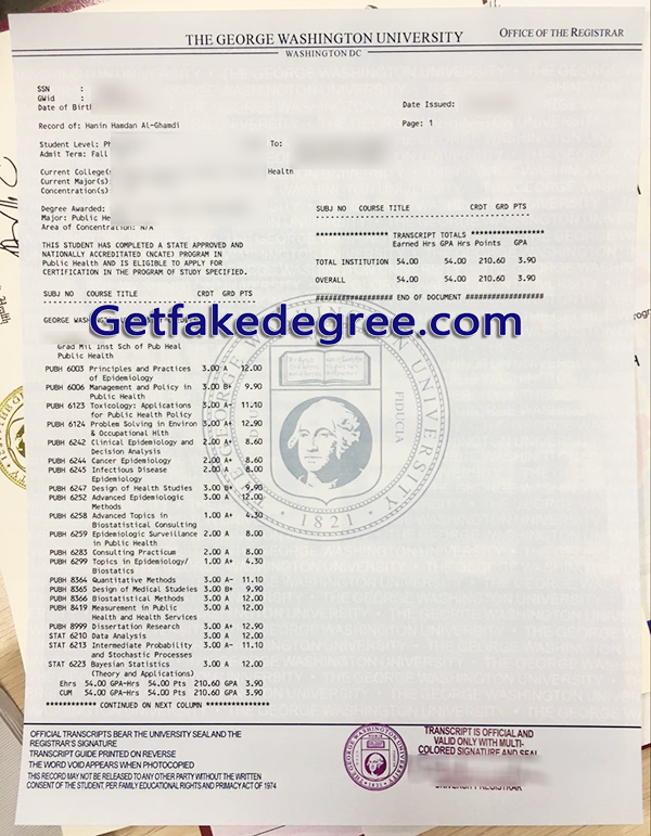 George Washington University transcript, GWU fake transcript