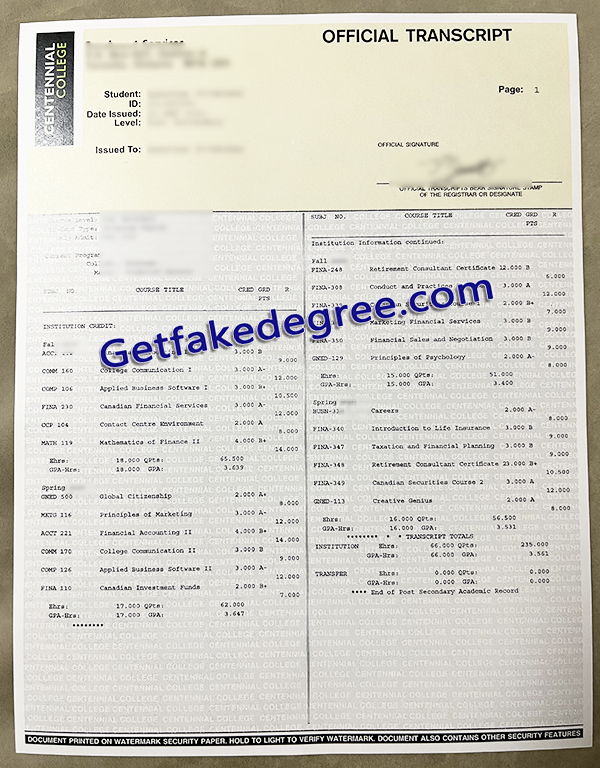 Centennial College transcript, Centennial College fake transcript