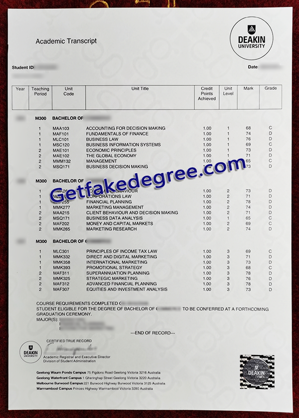 Deakin University transcript, Deakin University fake transcript
