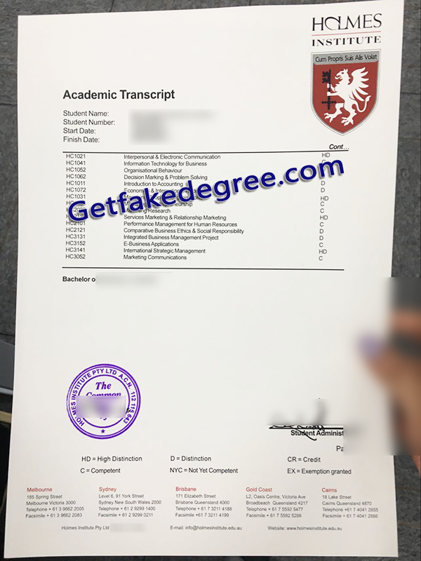 Holmes Institute fake transcript, Holmes Institute fake certificate