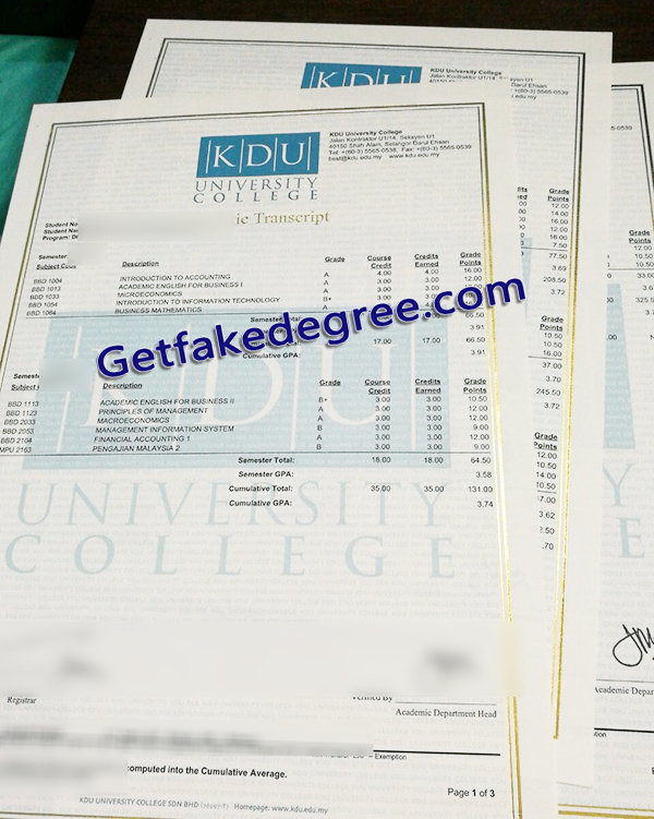 KDU University College transcript, KDU University College fake transcript