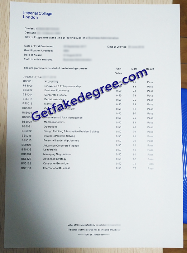 Imperial College London transcript, Imperial College London fake transcript