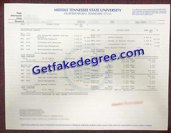 Middle Tennessee State University transcript, fake MTSU transcript
