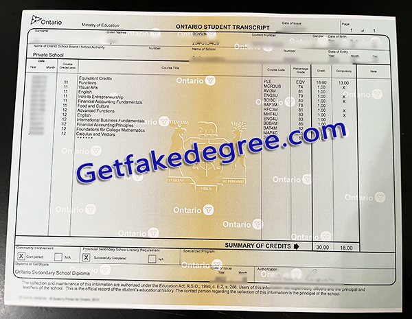 Ontario Secondary School diploma transcript, OSSD fake transcript