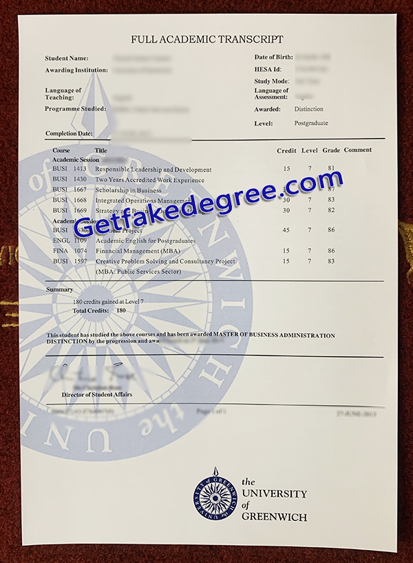 University of Greenwich transcript, University of Greenwich fake transcript