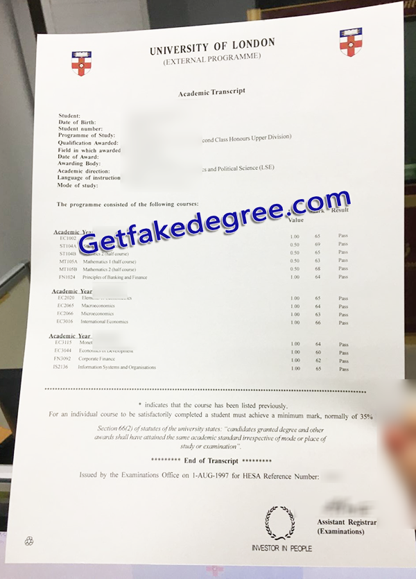 University of London transcript, University of London fake transcript