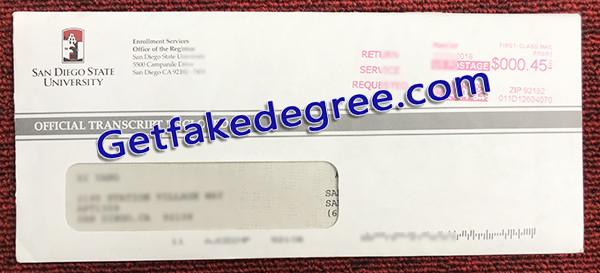 Fake San Diego State University transcript envelope, fake SDSU transcript envelope