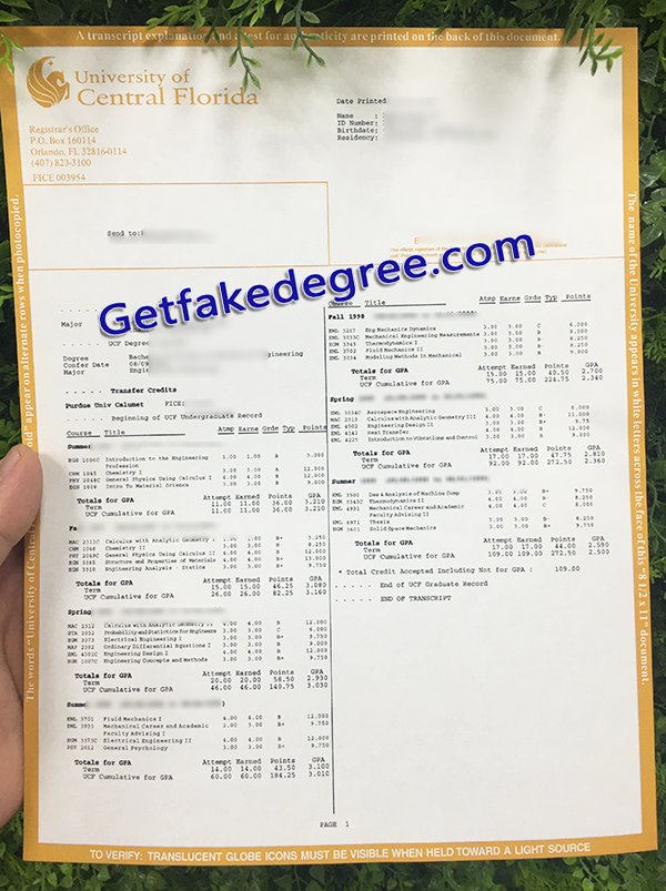 University of Central Florida transcript, UCF fake transcript