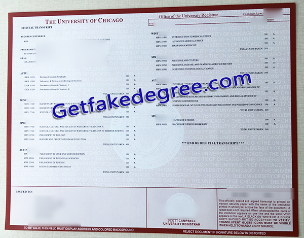 University of Chicago transcript, University of Chicago fake transcript