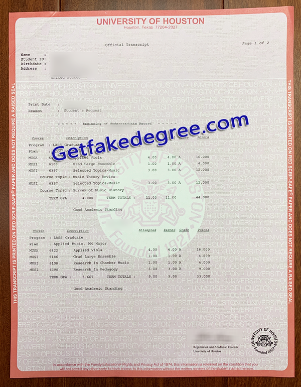 University of Houston transcript, University of Houston fake transcript