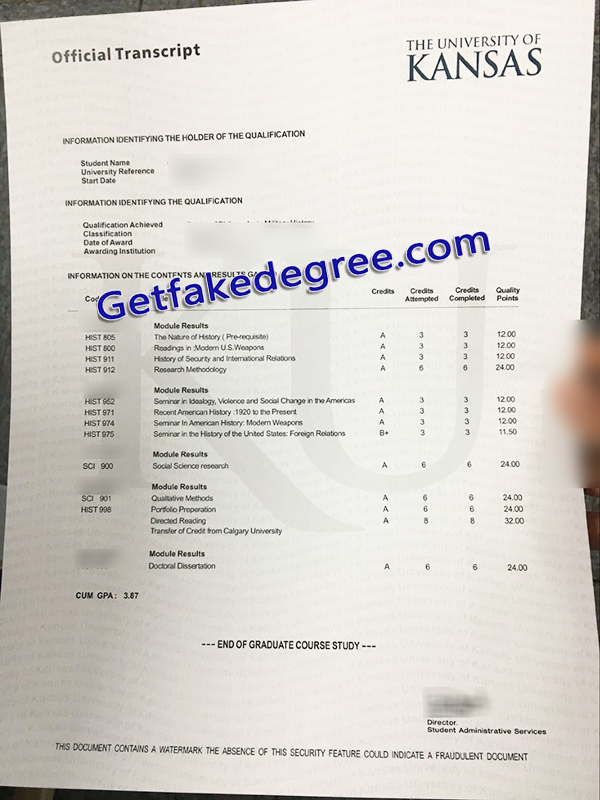 University of Kansas transcript, University of Kansas fake transcript