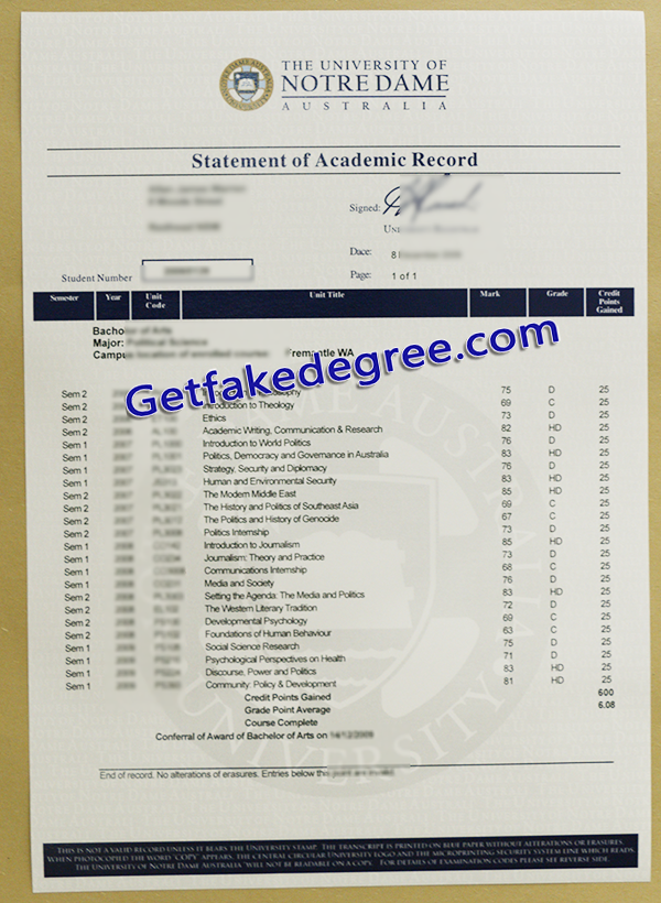University of Notre Dame transcirpt, University of Notre Dame fake transcript