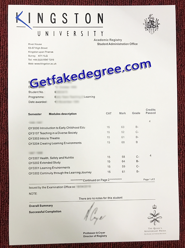 Kingston University transcript, Kingston University fake transcript