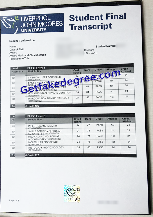 Liverpool John Moores University transcirpt, LJMU fake transcript