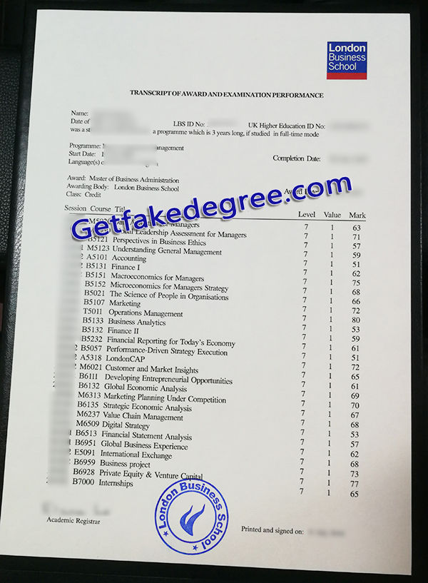 London Business School transcript, LBS fake transcript