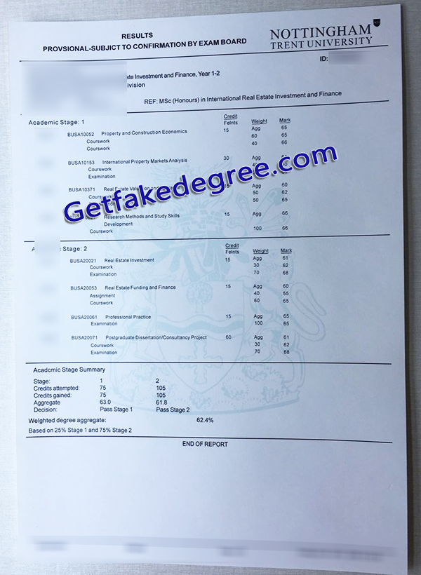 Nottingham Trent University transcript, Nottingham Trent University fake transcript