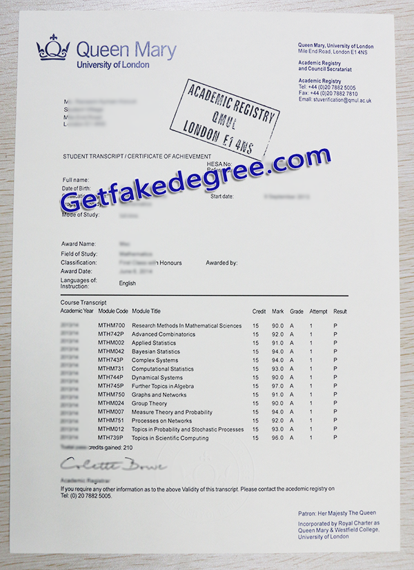 Queen Mary University of London transcript, QMUL fake transcript