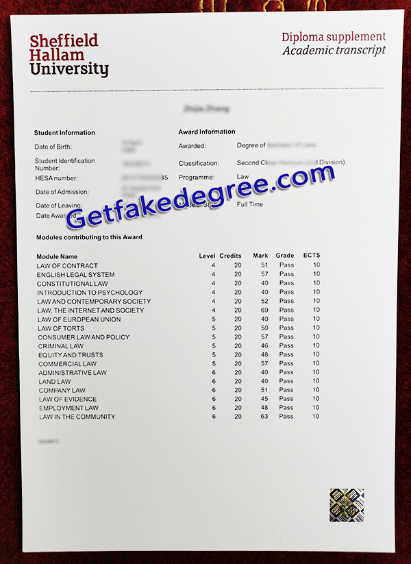 Sheffield Hallam University transcript, fake SHU transcript