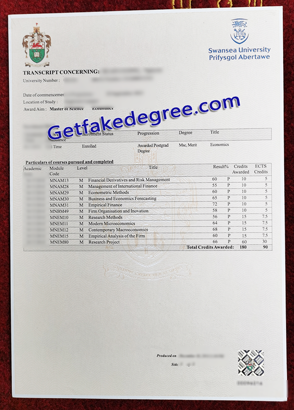 Swansea University transcript, Swansea University fake transcript