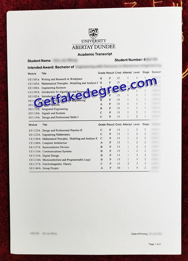 University of Abertay Dundee transcript, Abertay University fake transcript