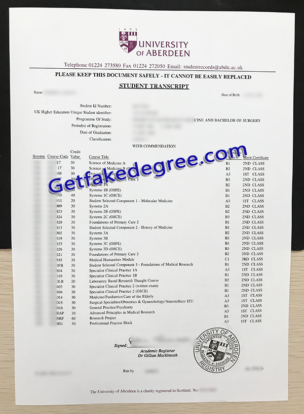 University of Aberdee transcript, University of Aberdee fake transcript