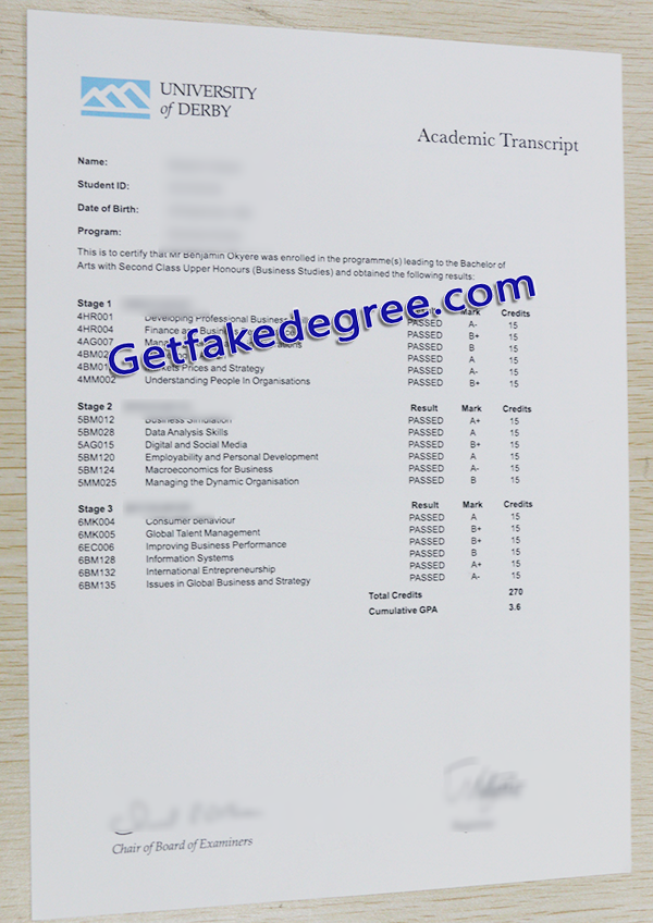 University of Derby transcript, University of Derby fake transcript