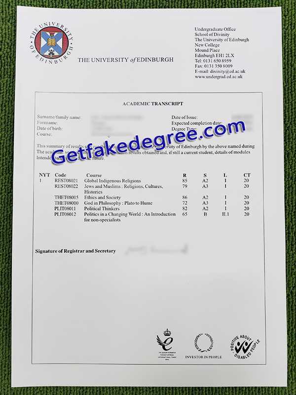 University of Edinburgh transcript, University of Edinburgh fake transcript