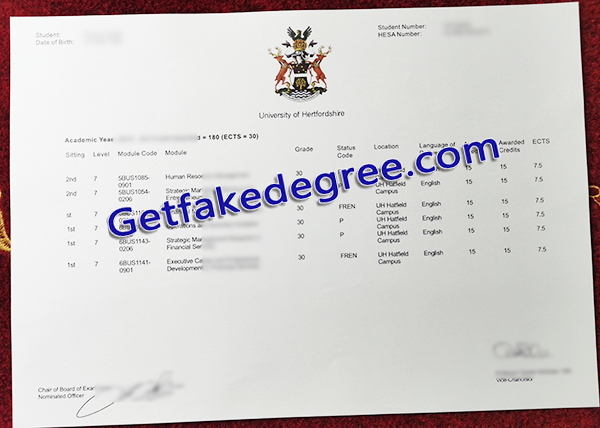 University of Hertfordshire transcript, fake University of Hertfordshire transcript