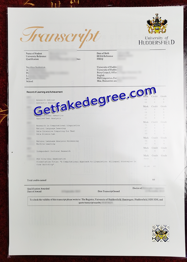 University of Huddersfield transcript, University of Huddersfield fake transcript