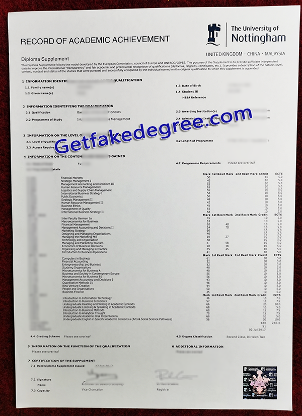 University of Nottingham transcript, fake University of Nottingham transcript