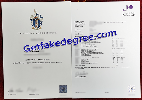 University of Portsmouth fake diploma, fake University of Portsmouth transcript