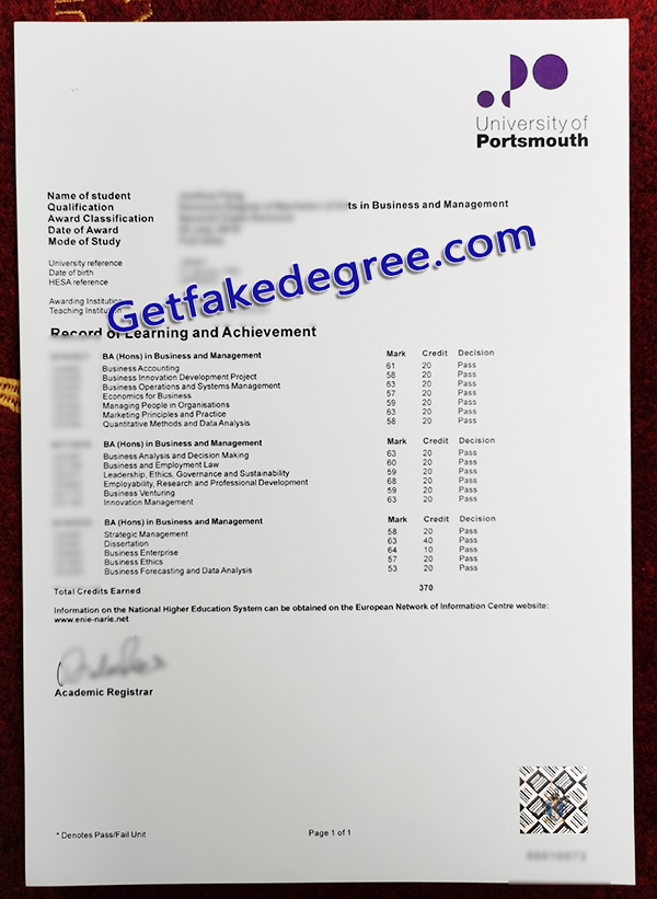 University of Portsmouth transcript, fake University of Portsmouth transcript