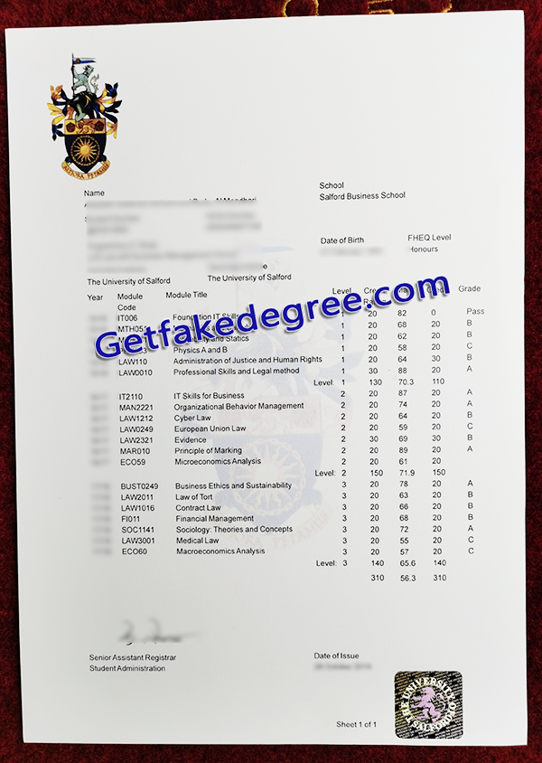 University of Salford transcript, fake University of Salford transcript