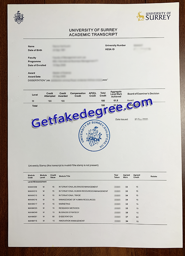 University of Surrey transcript, fake University of Surrey transcript