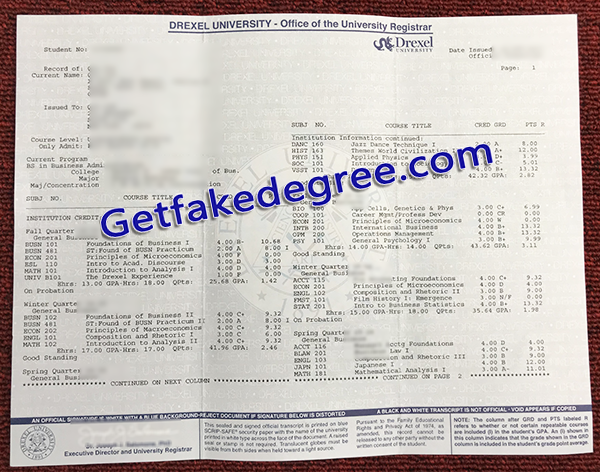 Drexel University transcript, fake Drexel University transcript