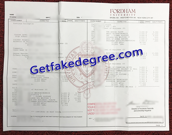 Fordham University transcript, fake Fordham University transcript