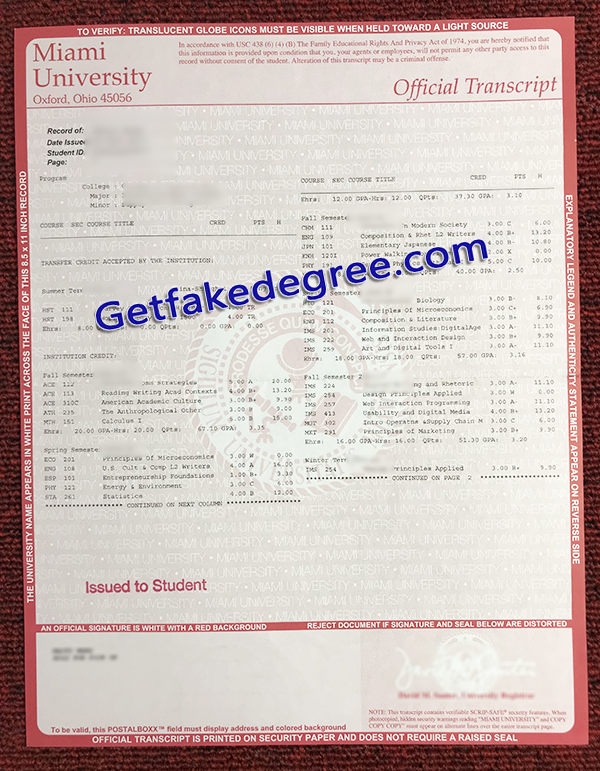 Miami University transcript, fake Miami University certificate