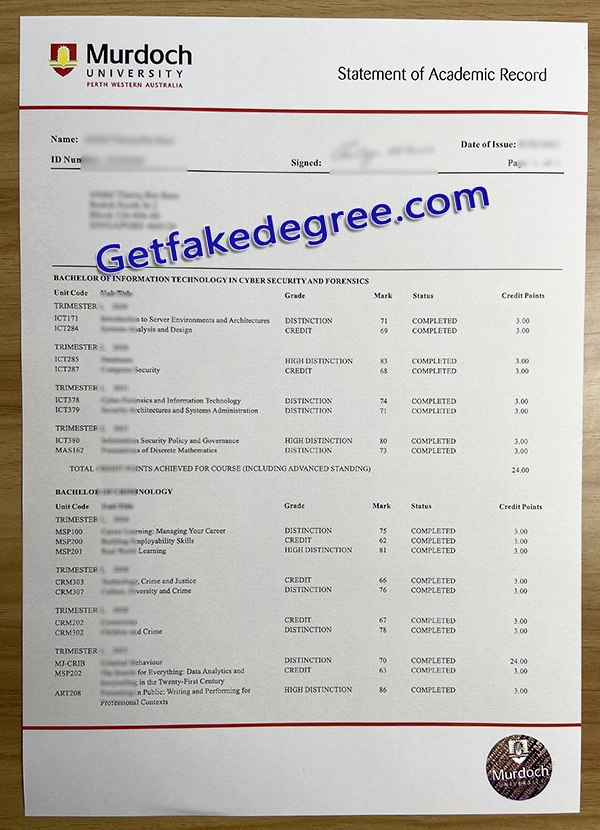 Murdoch University transcript, fake Murdoch University transcript