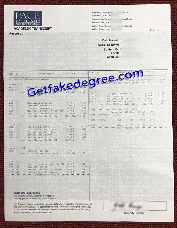 Pace University transcript, Pace University fake transcript