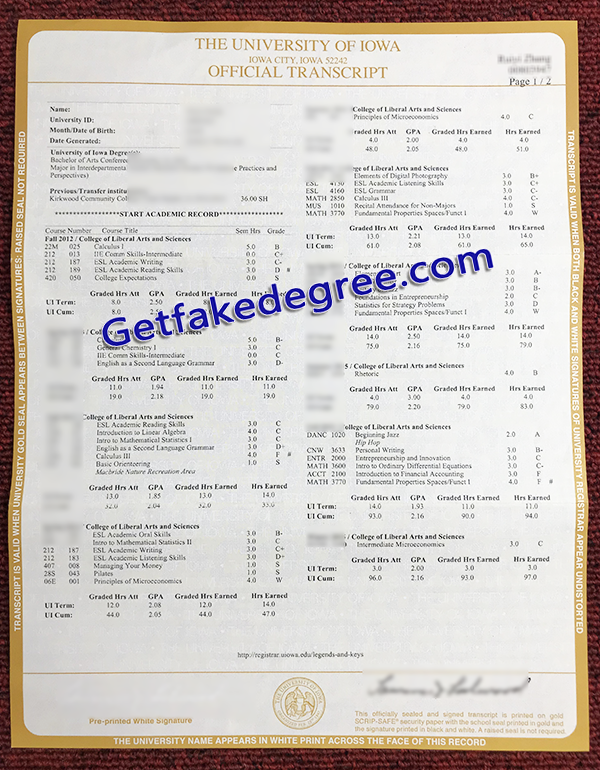 University of Iowa transcript, fake University of Iowa transcript