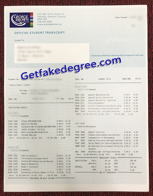 George Brown College transcript, fake George Brown College certificate