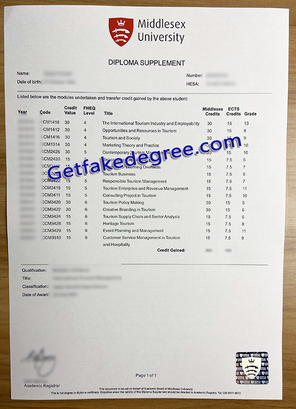 Middlesex University transcript, fake Middlesex University certificate